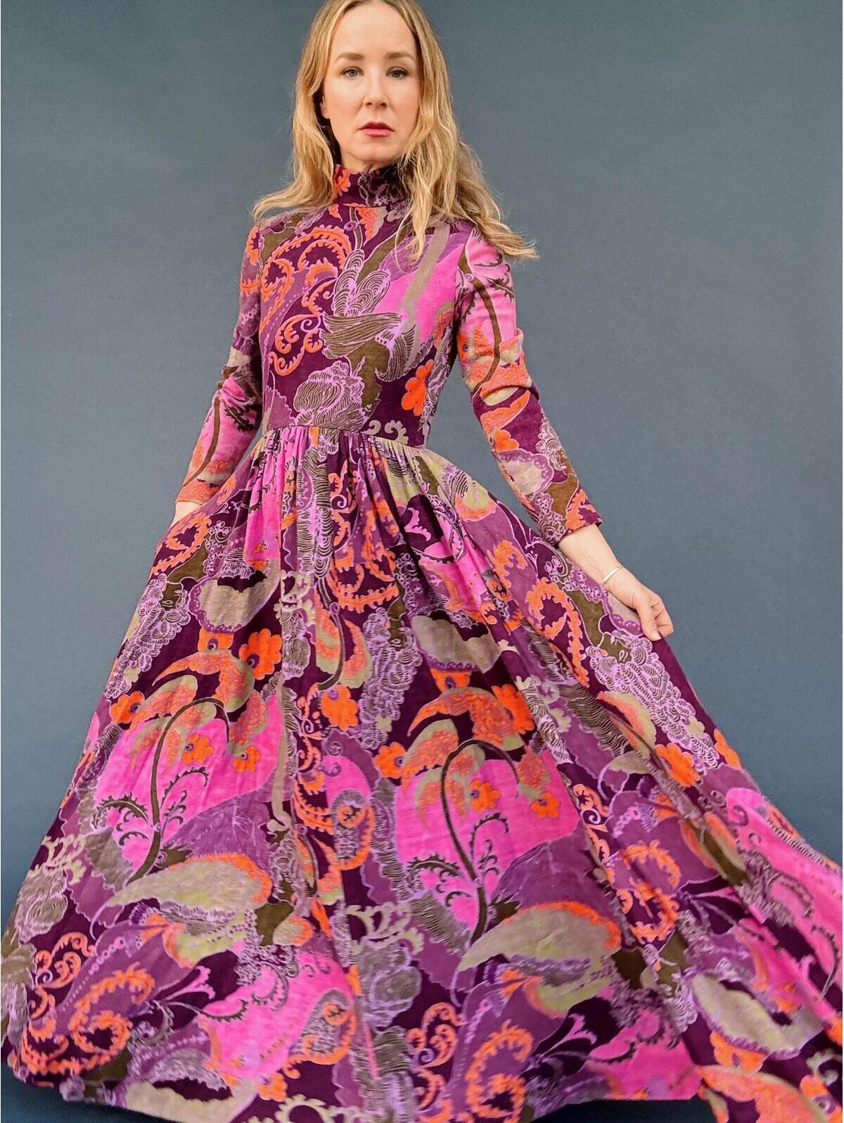Vintage 1970s Geoffrey Beene Pink & Purple Psychedelic Print Gown